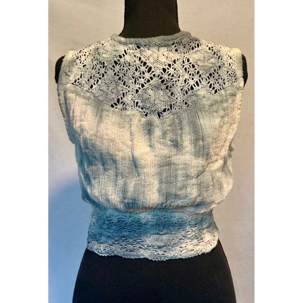 Jens Pirate Booty Womens XS Blue Tie Dye Crochet Lace‎ Open Back Crop Top Cotton